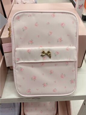 Love Shack Fancy Pink Floral Cosmetic/Tech Organizer Pouch with Gold Bow